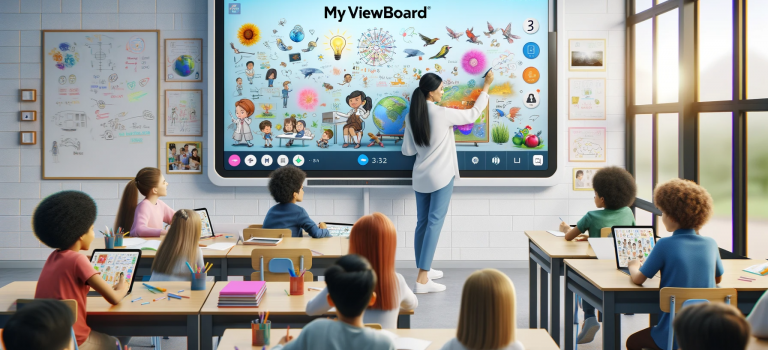 An-interactive-and-engaging-classroom-scene-showcasing-the-use-of-myViewBoard-from-ViewSonic.-The-classroom-is-equipped-with-a-large-digital-whiteboar