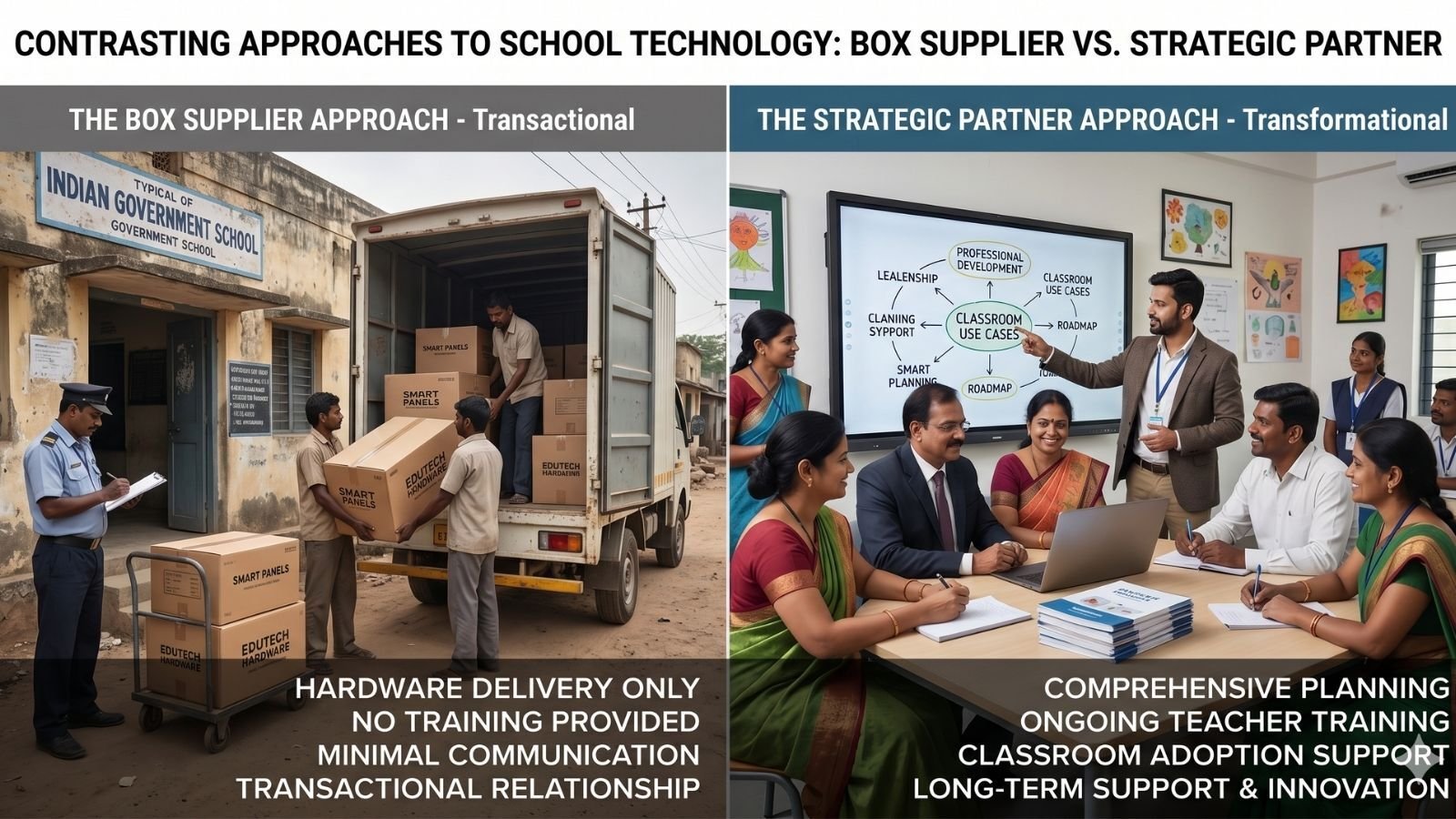 Side-by-side comparison showing a transactional school technology supplier delivering smart panels and a strategic partner working with school leaders and teachers on planning, training, and adoption