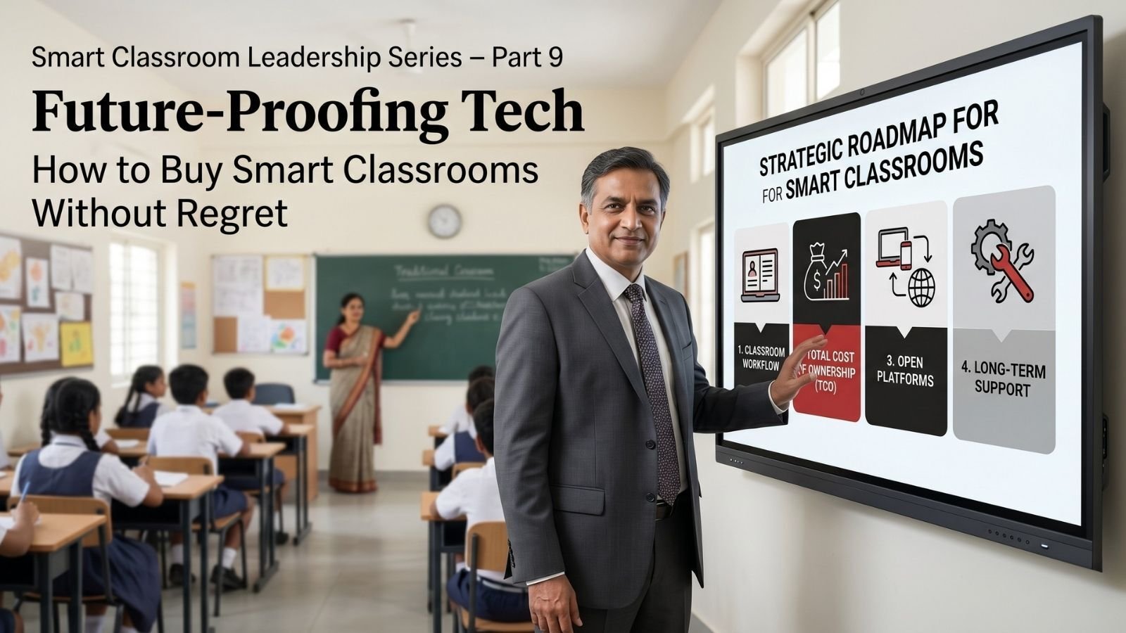 Indian school leader standing beside an interactive flat panel displaying a strategic roadmap for future-proofing smart classrooms, with a live classroom in the background