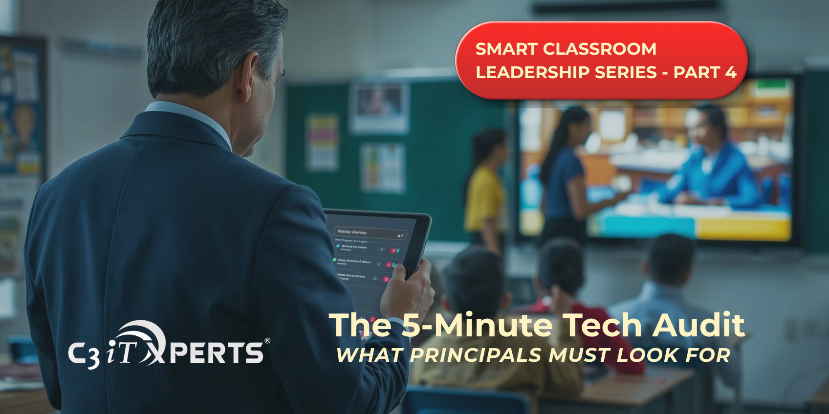 A focused Indian school principal observing a smart classroom from the back of the room, holding a tablet with a digital audit checklist. Text reads: Smart Classroom Leadership Series - Part 4. The 5-Minute Tech Audit: What Principals Must Look For. By C3 iT Xperts.