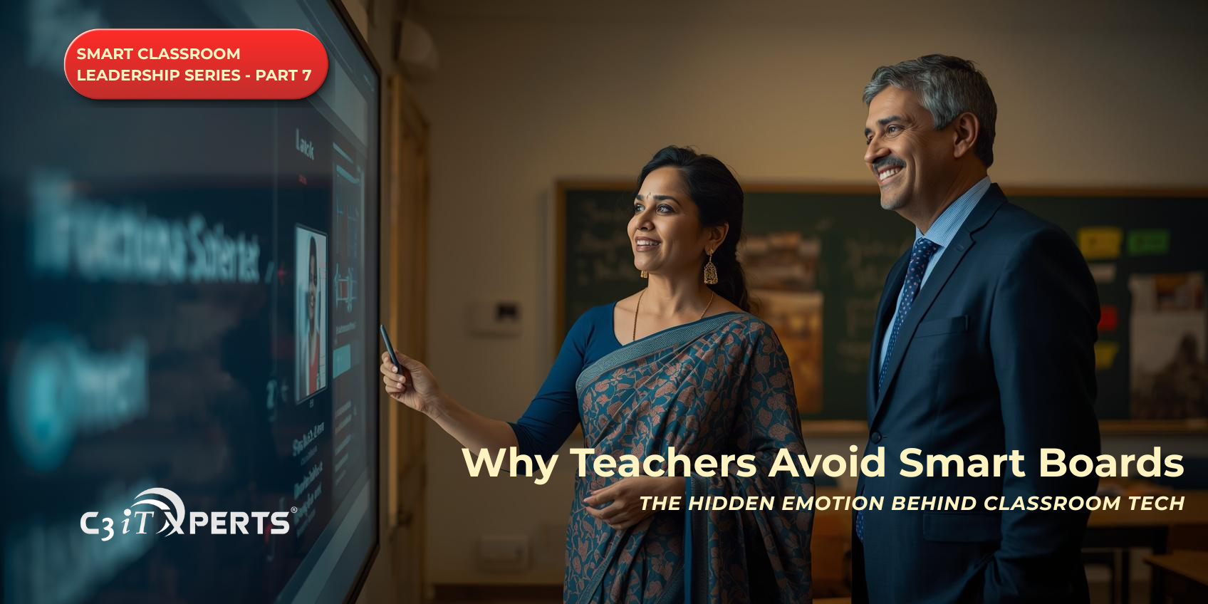 An empathetic Indian school principal supporting an anxious teacher at a smart board. Text reads: Smart Classroom Leadership Series - Part 7. Why Teachers Avoid Smart Boards. By C3 iT Xperts.