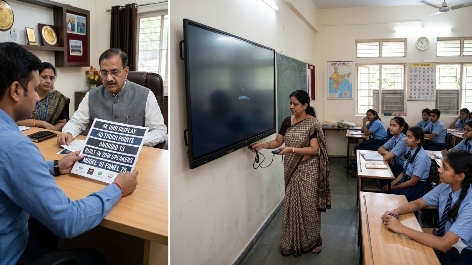 Split visual showing a school technology purchase discussion focused on panel specifications on one side and a teacher struggling to use a smart panel in a live Indian classroom on the other