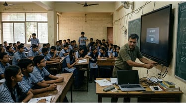 Teacher struggling with HDMI cable in Indian smart classroom using interactive panel as display