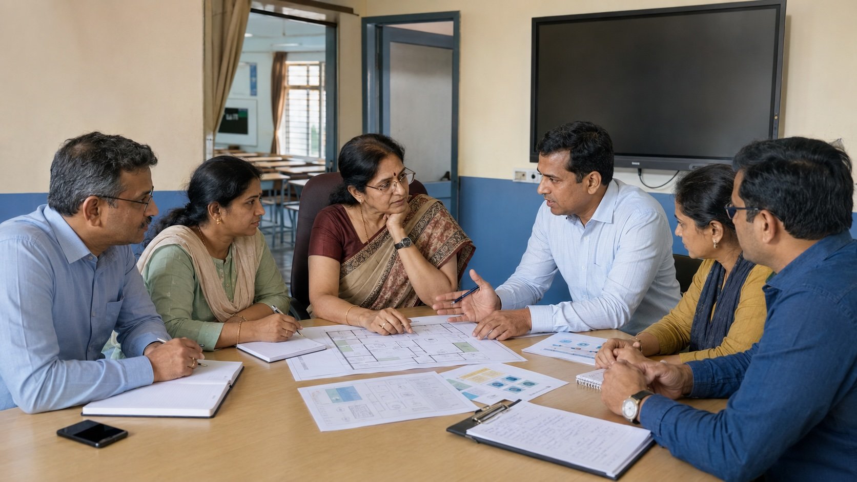 Indian school principal, teachers, IT administrator, and EdTech consultant reviewing a smart classroom plan around a table.