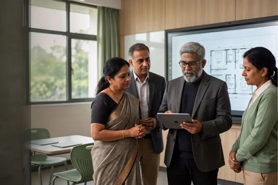 Illustration of school leaders reviewing classroom technology