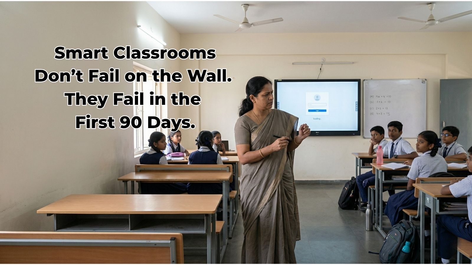 Indian school teacher starting a lesson on an interactive flat panel while students wait in a smart classroom