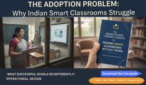 Indian school principal observing an unused interactive flat panel in a classroom.