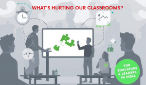 Indian classroom with teacher pointing to a digital board while students raise hands, overlaid with the text “What’s Hurting Our Classrooms? Teacher Burnout • Passive Screens • Lost Hours • Exam Culture – For Educators & Leaders in India.”