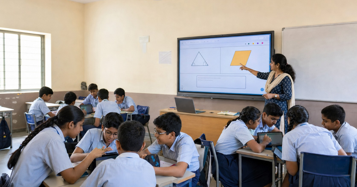 Indian teacher using an interactive flat panel while students collaborate in groups during a smart classroom lesson