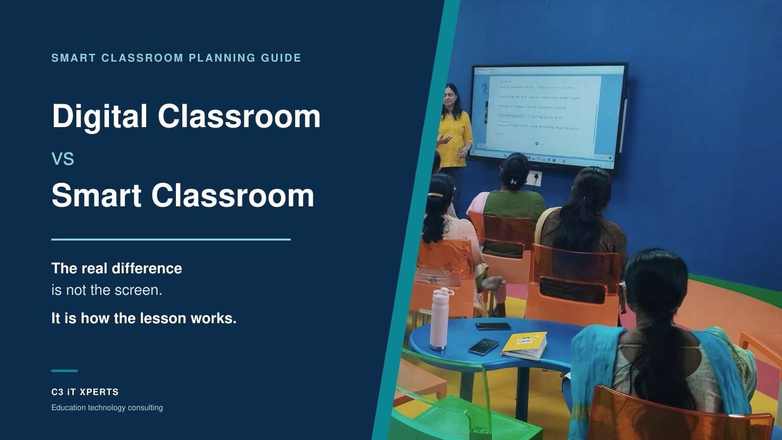 Digital Classroom vs Smart Classroom article cover featuring a C3 teacher-development session using an interactive classroom display.